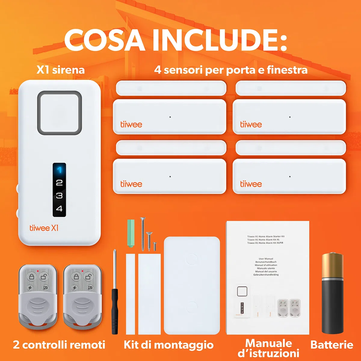 tiiwee Sistema di Allarme per Porte e Finestre - Sistema di Sicurezza con Potente Sirena, 4 Sensori per Porte e Finestre e 2 Telecomandi - Protezione Antieffrazione Casa, Appartamento, Garage