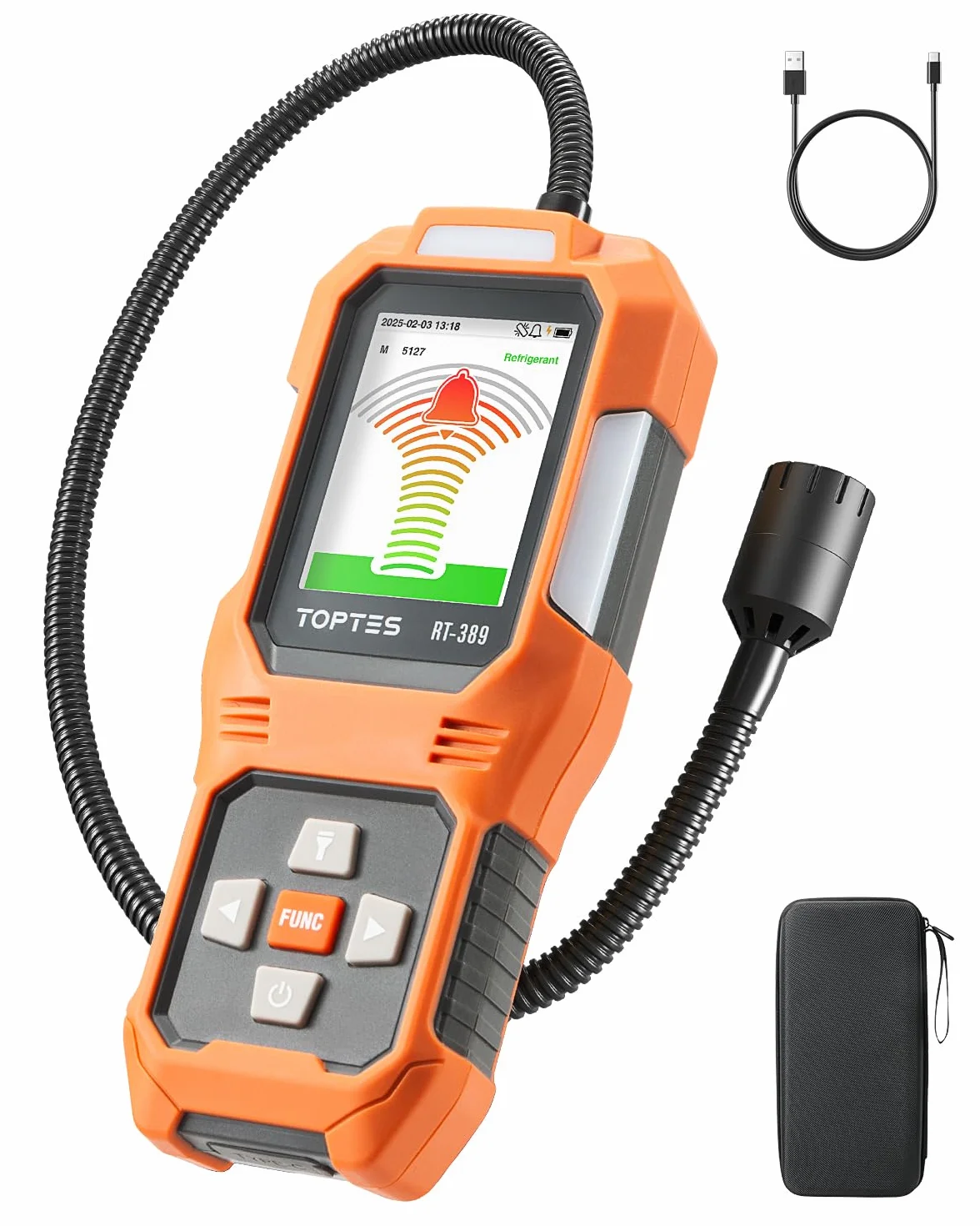 TOPTES RT-389 Rilevatore di Perdite di Refrigerante Ricaricabile, Rilevatore di Perdite di Freon con 3 Sensibilità e 3 Tipi di Allarme, per CFC, HCFC, HFC, HFO, HC per Auto Casa Industria – Arancione