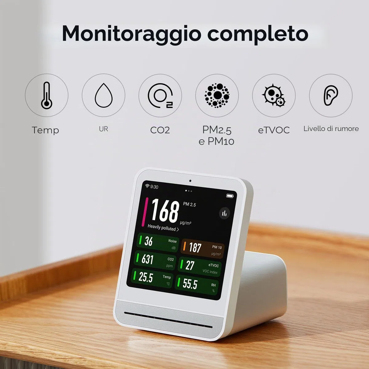 Qingping Monitor di Qualità dell'aria 2, Rilevatore di Qualità dell'Aria Interno, PM2.5, CO2, PM10, Rumore, Temperatura, Umidità, Nuova Funzione Sveglia, Tester di Qualità dell'Aria Intelligente
