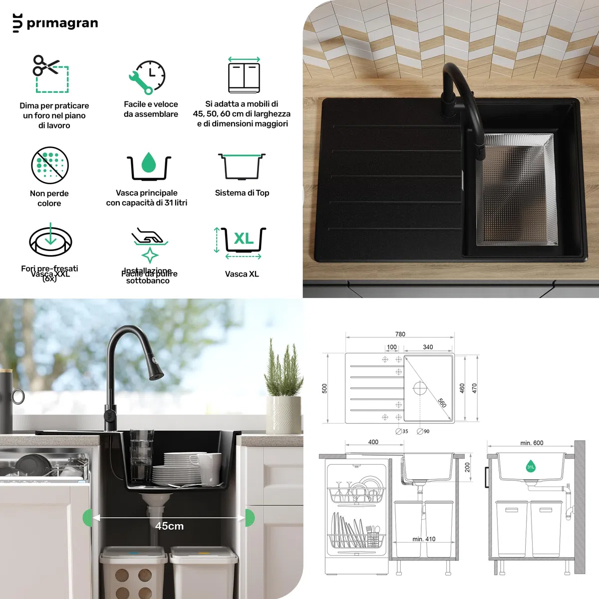 PRIMAGRAN Lavandino da Cucina Tutto Nero 78x50cm, Lavello in Granito a 1 vasca + Rubinetto 40x20cm + Set di accessori, Lavabo da Cucina Incasso al Mobile 45cm - Copenhagen Top S302