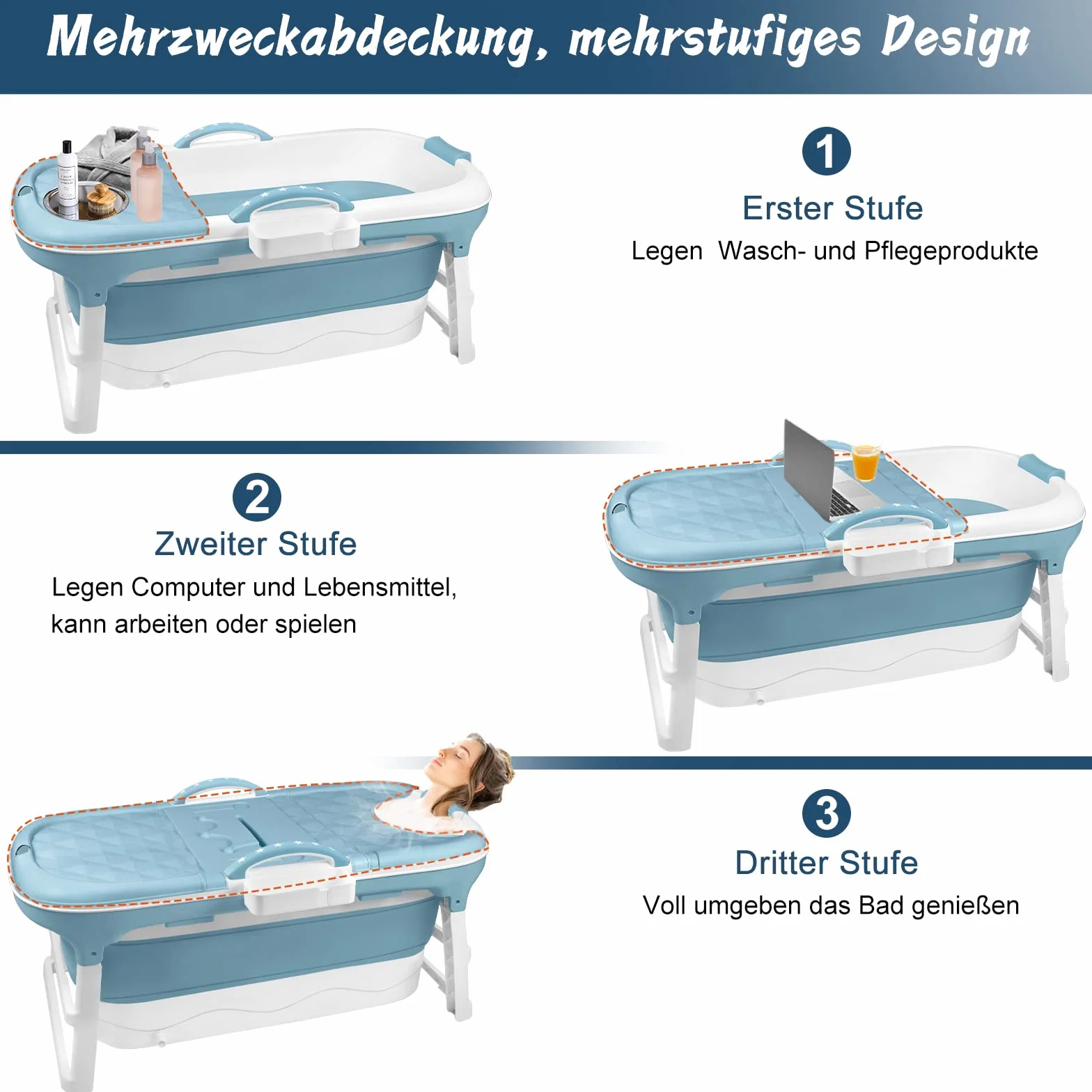 Vasca da bagno pieghevole, 118 x 60 x 53 cm, blu, pieghevole, con copertura rimovibile, poggiatesta, maniglia, struttura, vasca da bagno in plastica per adulti, bambini, animali domestici