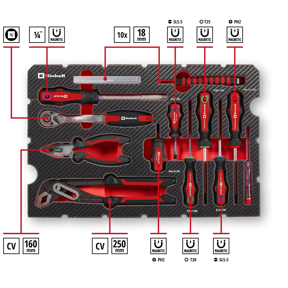 Einhell E-CASE originale da 80 pezzi (set di utensili di alta qualità in una robusta valigetta di plastica impilabile, ideale come attrezzatura di base per la casa e l'officina)