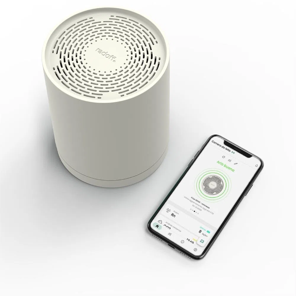 Radoff Sense- Air Quality Monitor, Misuratore Radon e Umidità Ambiente con Rilevatore CO2 COV PM, Sensore Temperatura Wifi e Pressione Atmosferica, Compatibile con Alexa, Integrazione Completa a Breve