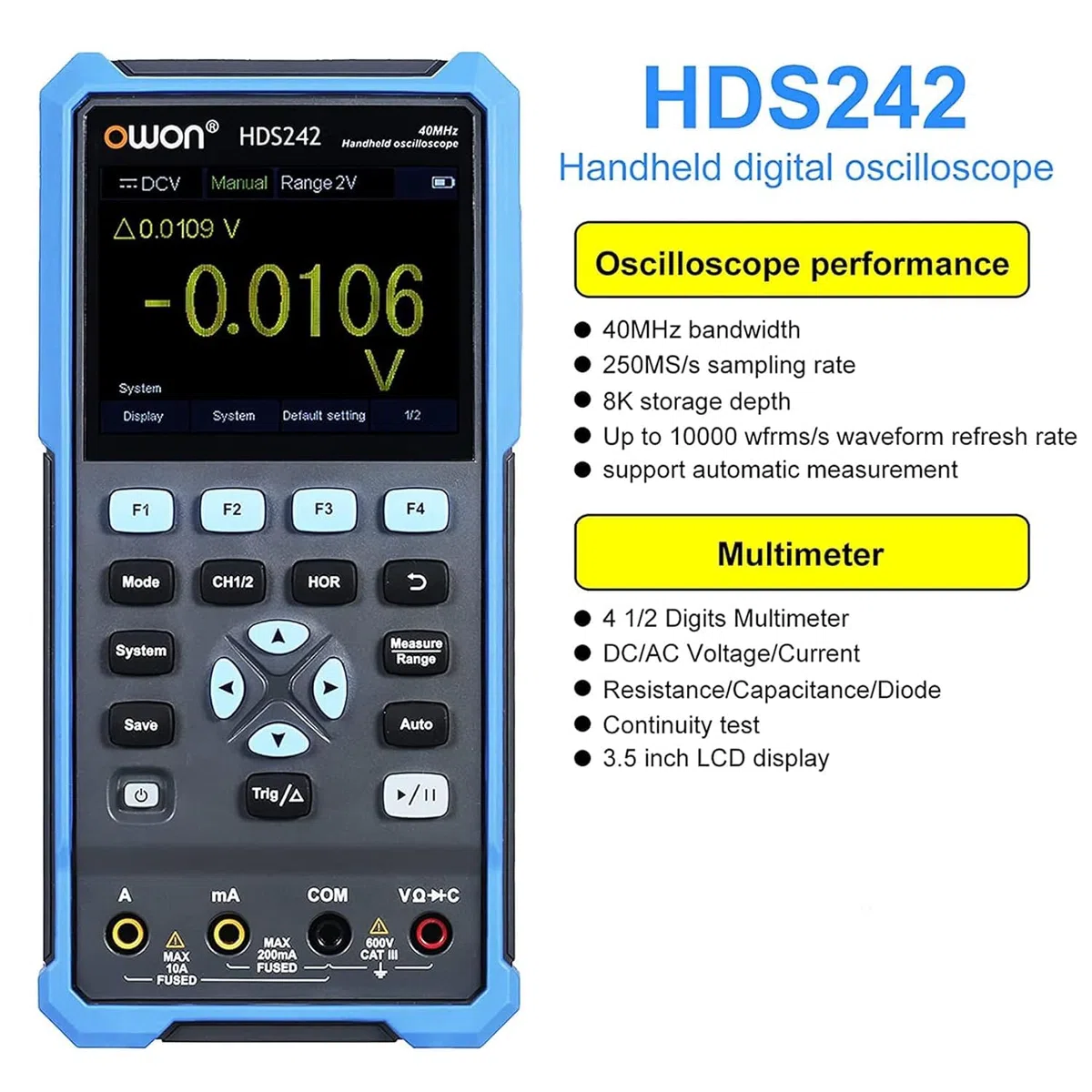OWON HDS242S Oscilloscopio 3 in 1 Oscilloscopio per PC portatile professionale da 40 MHz, multimetro digitale da 20000 conteggi Display LCD da 3,5 pollici Strumento di test universale