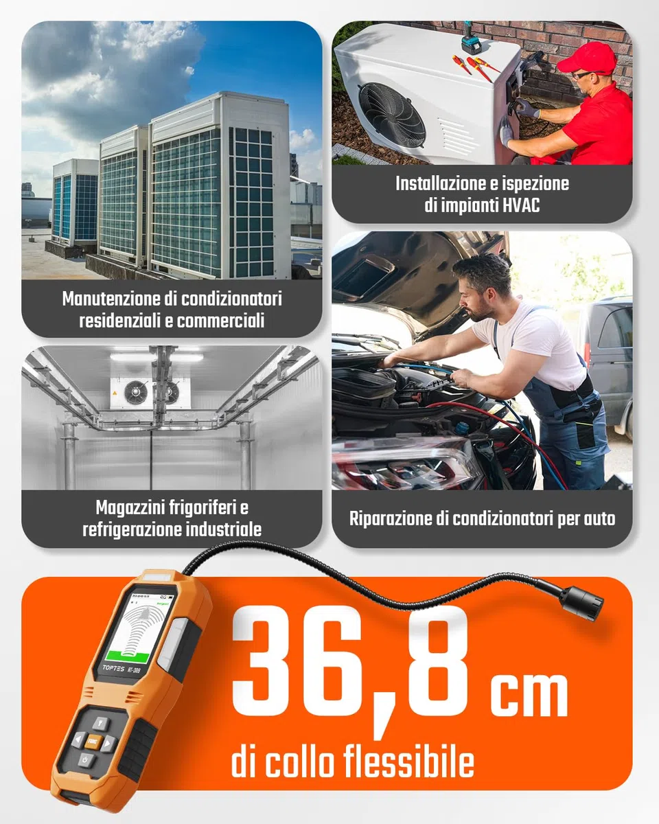 TOPTES RT-389 Rilevatore di Perdite di Refrigerante Ricaricabile, Rilevatore di Perdite di Freon con 3 Sensibilità e 3 Tipi di Allarme, per CFC, HCFC, HFC, HFO, HC per Auto Casa Industria – Arancione