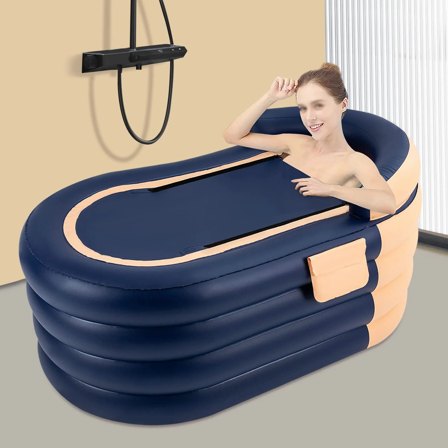 Vasca da bagno gonfiabile in PVC portatile con pompa ad aria elettrica, bagno di ghiaccio con copertura e pompa per adulti fino a 180 cm, 140 x 74 x 84 cm (arancione, blu)