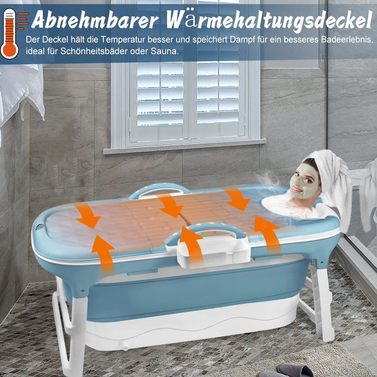 Vasca da bagno pieghevole, 118 x 60 x 53 cm, blu, pieghevole, con copertura rimovibile, poggiatesta, maniglia, struttura, vasca da bagno in plastica per adulti, bambini, animali domestici