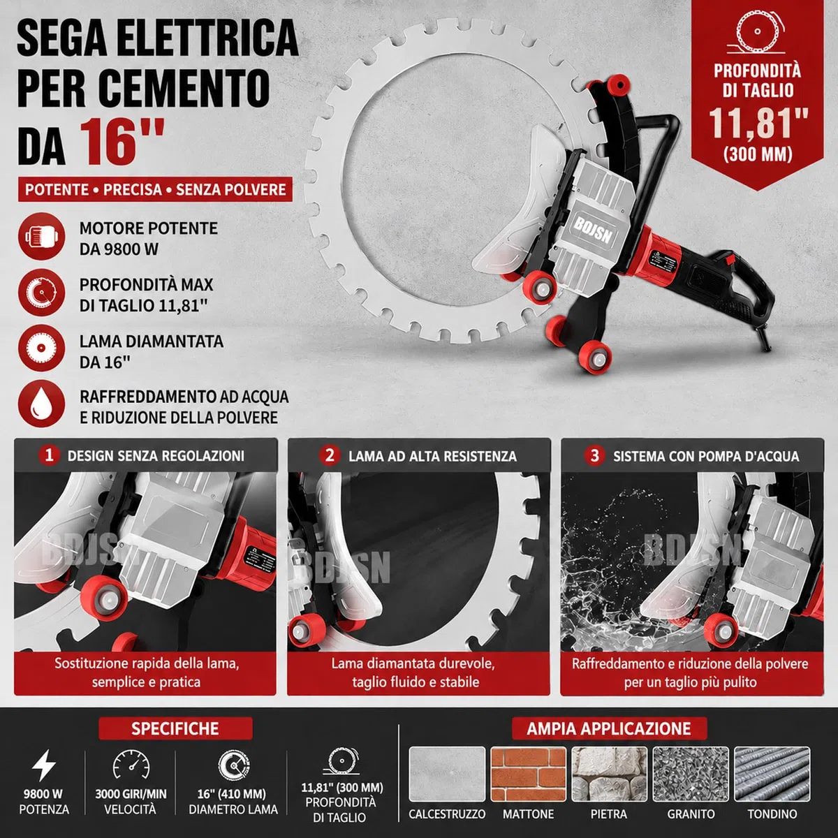 Sega Cemento Elettrica 16", 9800W, Sega Ad Anello profondità 300mm, Acqua Antipoilvere, 3000 Giri/min. per Cemento, Granito, Mattone, Pietra E Armatura
