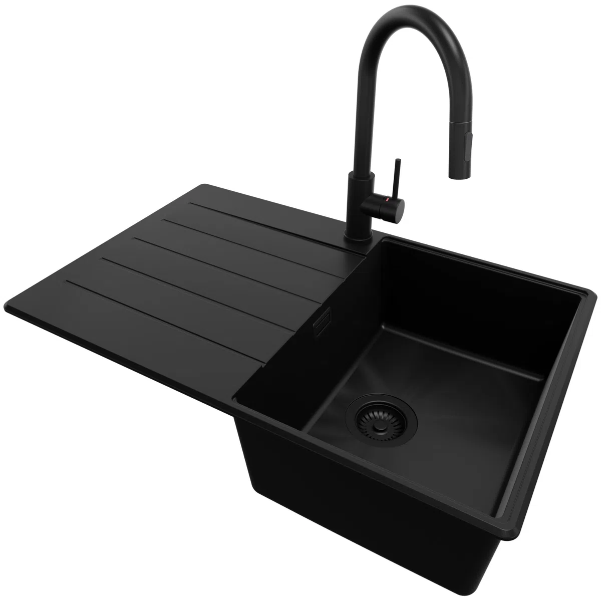 PRIMAGRAN Lavandino da Cucina Tutto Nero 78x50cm, Lavello in Granito a 1 vasca + Rubinetto 40x20cm + Set di accessori, Lavabo da Cucina Incasso al Mobile 45cm - Copenhagen Top S302