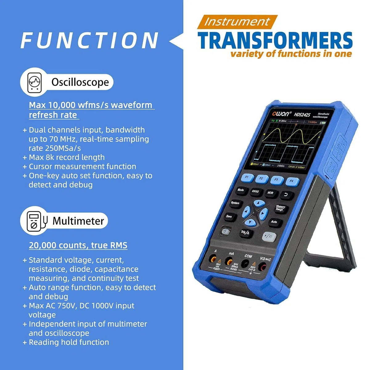 OWON HDS242S Oscilloscopio 3 in 1 Oscilloscopio per PC portatile professionale da 40 MHz, multimetro digitale da 20000 conteggi Display LCD da 3,5 pollici Strumento di test universale