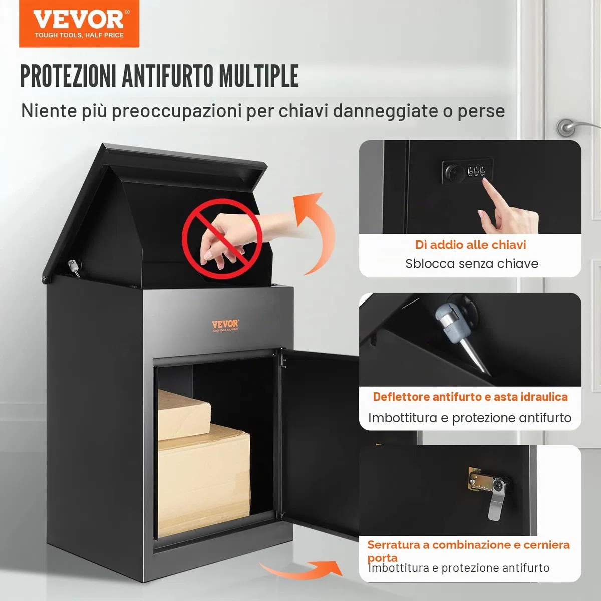 VEVOR Cassetta Postale per Pacco da Parete in Acciaio Zincato con Serratura a Codici 44x35x58,3 cm Capacità Carico 15-20 kg, Cassetta Murale per Pacchi Dimensioni max. per Pacco da 35,5x11,5x19,2 cm