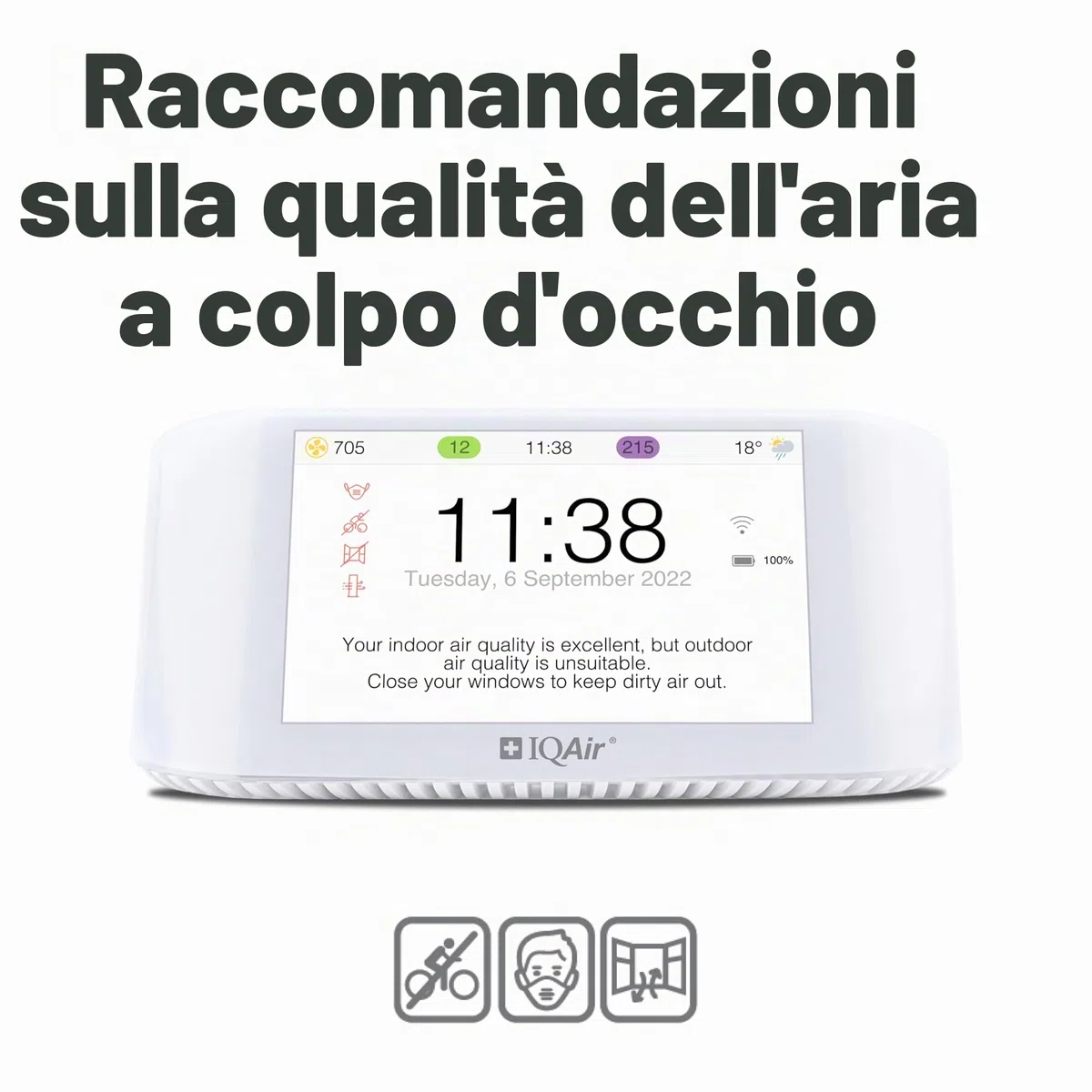 Misuratore di qualità dell'aria IQAir [PM2,5 polveri sottili, misuratore di CO2 con semaforo CO2, AQI, misuratore di temperatura e umidità], Smart Air Quality Monitor [Wi-Fi, WLAN, App]