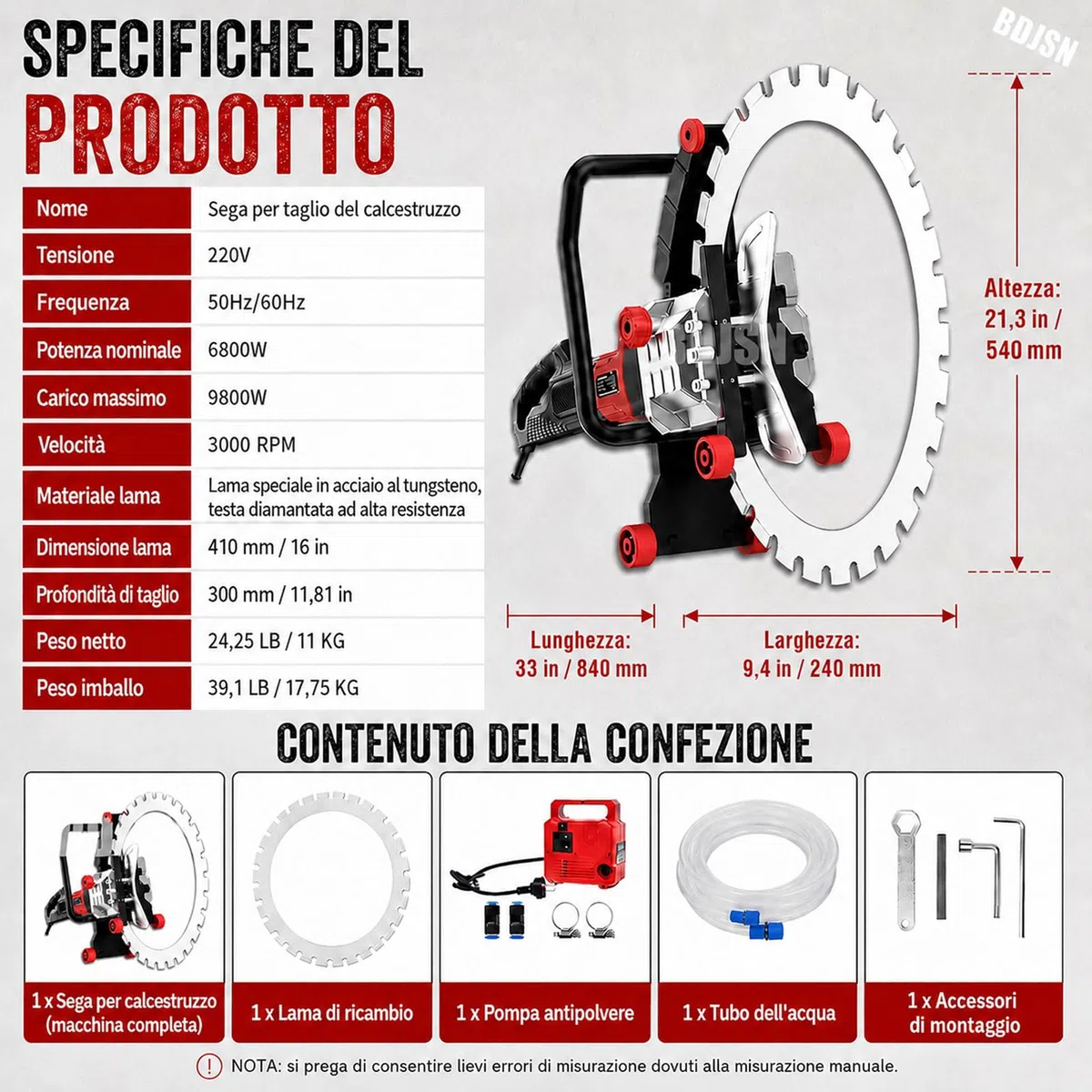 Sega Cemento Elettrica 16", 9800W, Sega Ad Anello profondità 300mm, Acqua Antipoilvere, 3000 Giri/min. per Cemento, Granito, Mattone, Pietra E Armatura
