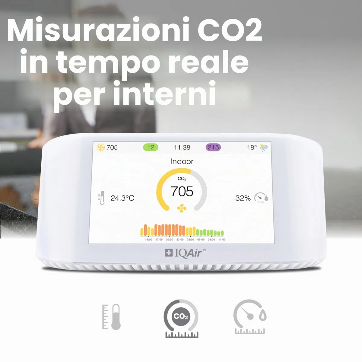 Misuratore di qualità dell'aria IQAir [PM2,5 polveri sottili, misuratore di CO2 con semaforo CO2, AQI, misuratore di temperatura e umidità], Smart Air Quality Monitor [Wi-Fi, WLAN, App]