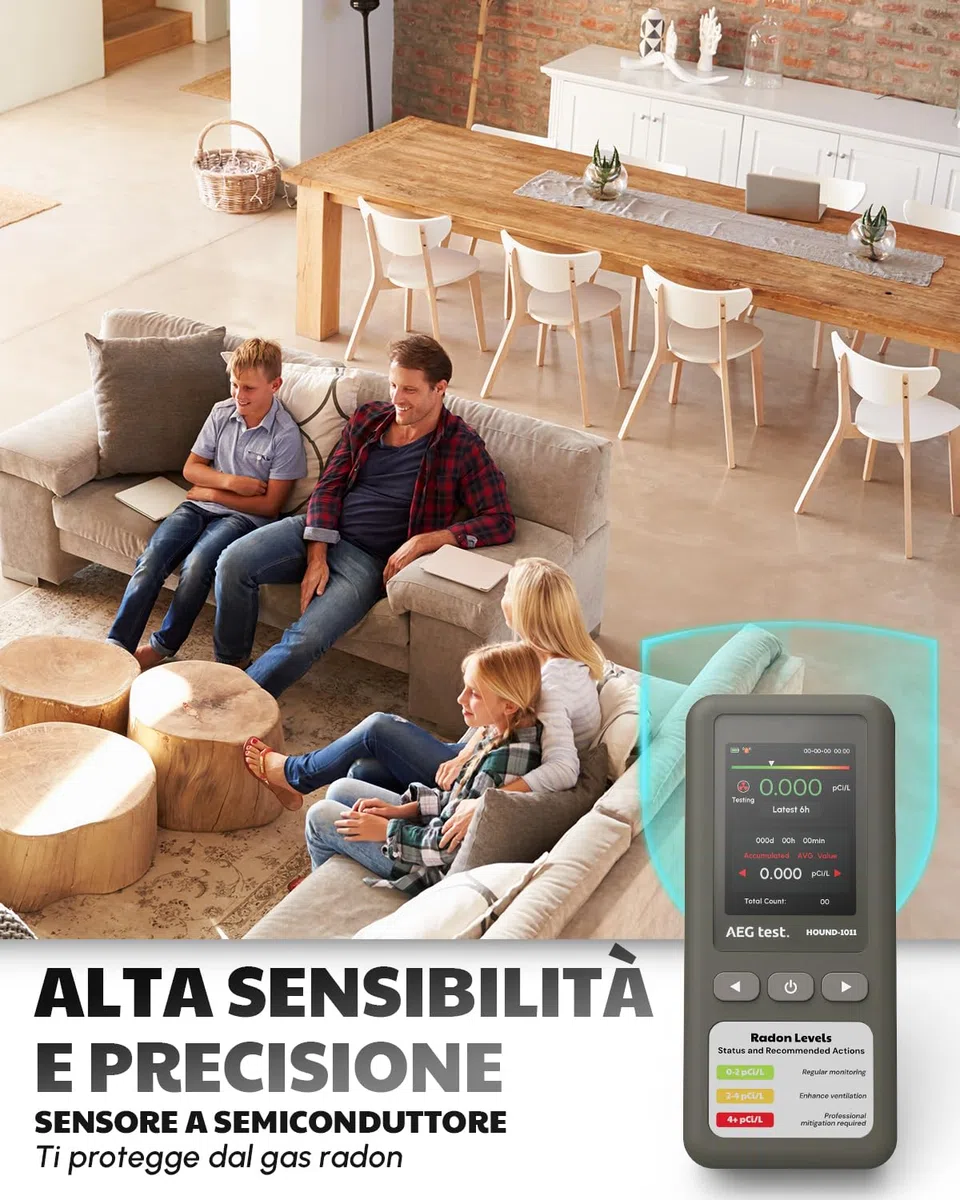 HOUND-1011 Rilevatore radon portatile per casa, leggero, sensore ad alta precisione, 45 giorni, facile da usare, per misurazioni brevi e lunghe in pCi/L o Bq/m³, per seminterrato – Grigio