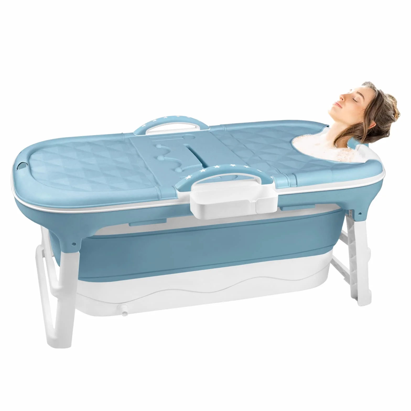 Vasca da bagno pieghevole, 118 x 60 x 53 cm, blu, pieghevole, con copertura rimovibile, poggiatesta, maniglia, struttura, vasca da bagno in plastica per adulti, bambini, animali domestici