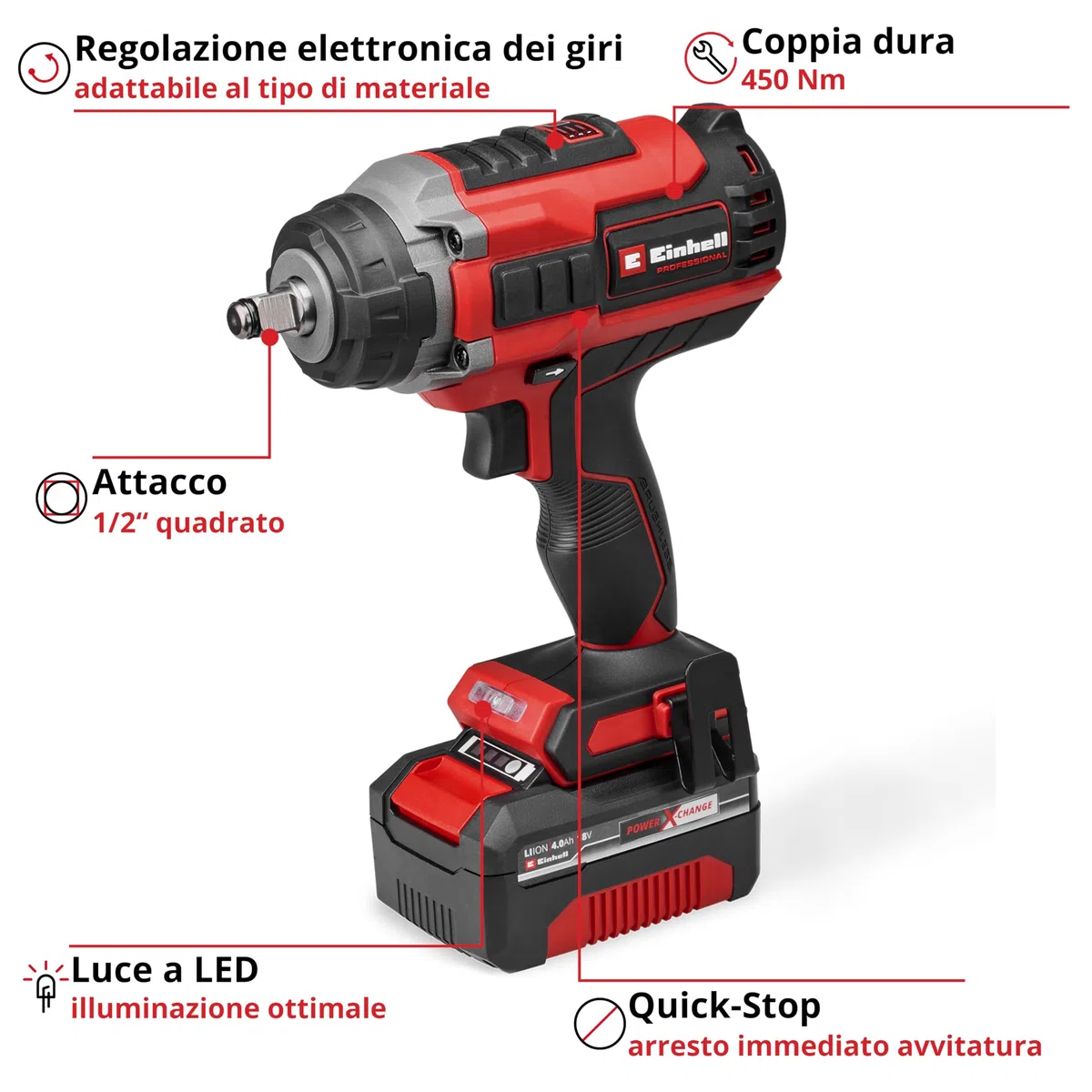 Einhell Professional Avvitatore a percussione IMPAXXO 18/450 (1x4,0Ah) Power X-Change (18 V, 450 Nm, brushless, attacco quadrato esterno, incl. batteria da 4 Ah, caricabatterie, set bussole)