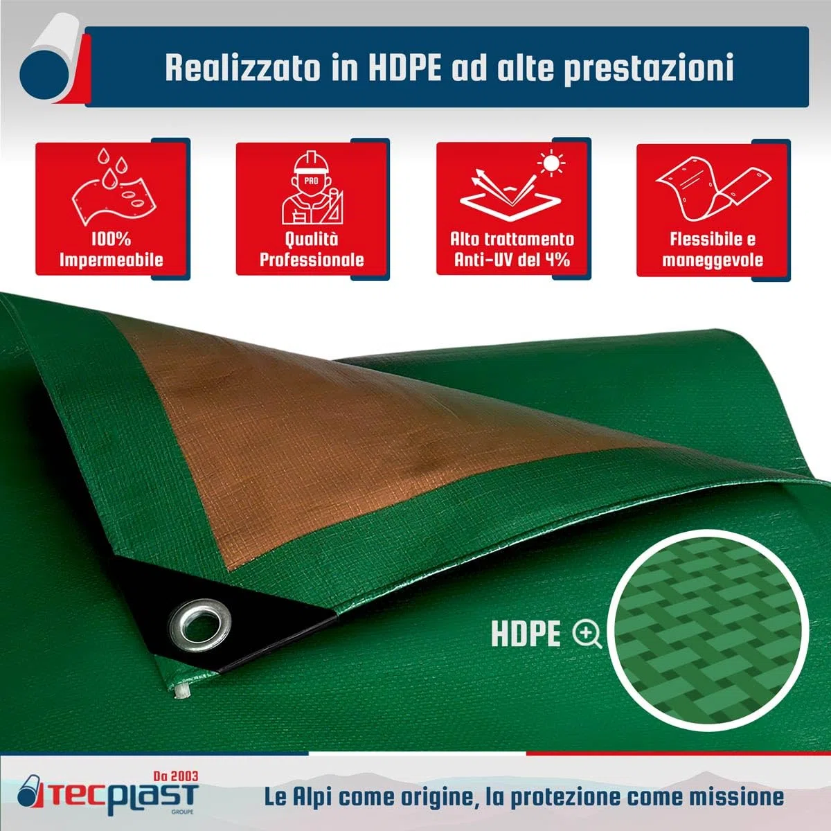 Telo per Tetto 6x8 m - TECPLAST - HQ250TO - Verde e Marrone - Alte Prestazioni - Telone Impermeabile per Conciatetti e Carpentieri