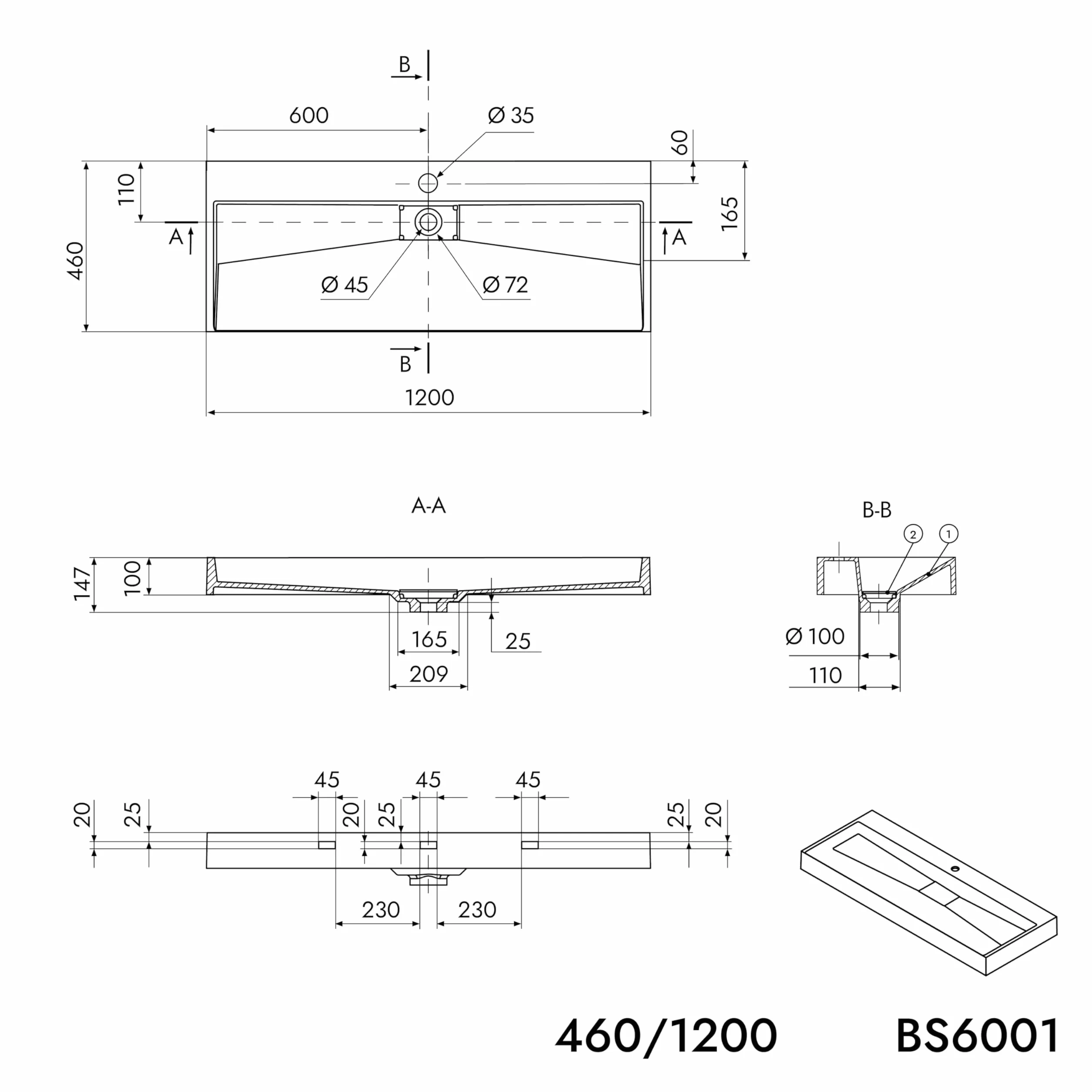 Lavabo sospeso o da appoggio in marmo artificiale BS6001 - bianco - 70cm / 100cm / 120cm, Larghezza:120cm - senza preforatura