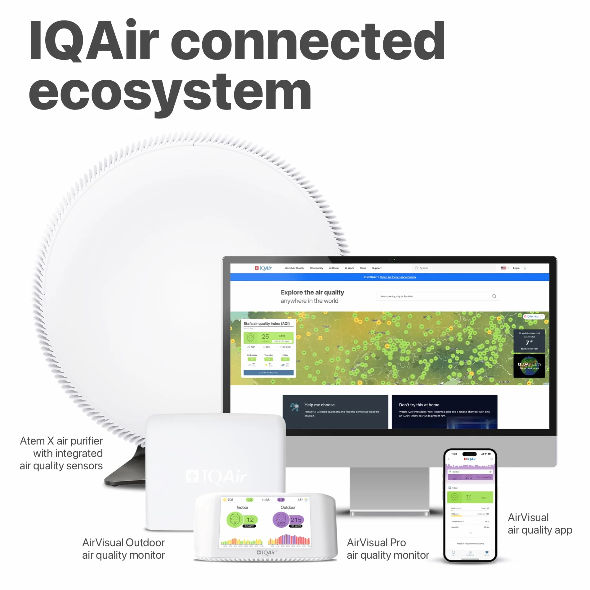 Misuratore di qualità dell'aria IQAir [PM2,5 polveri sottili, misuratore di CO2 con semaforo CO2, AQI, misuratore di temperatura e umidità], Smart Air Quality Monitor [Wi-Fi, WLAN, App]